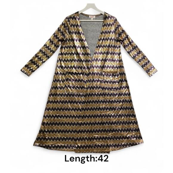 LuLaRoe Sarah duster cardigan gold, silver, and black chevron pattern size S - Picture 4 of 7